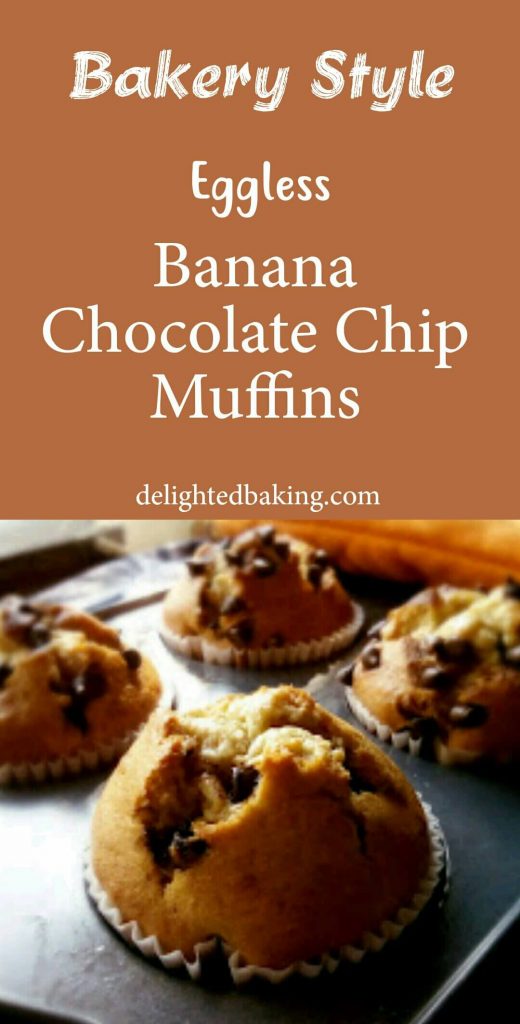 Eggless Banana Chocolate Chip Muffins - Moist, fluffy and eggless banana muffins with chocolate chips. Perfect dessert, kid's friendly and a healthy snack.